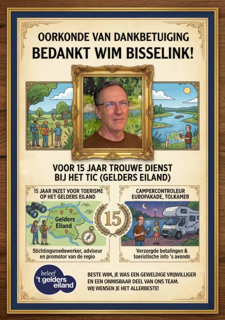 Oorkonde van dankbetuiging voor Wim Bisselink op 't Gelders Eiland.