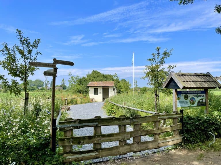 Natuurlijke omgeving op 't Gelders Eiland met kleine huisjes en wandelpaden.