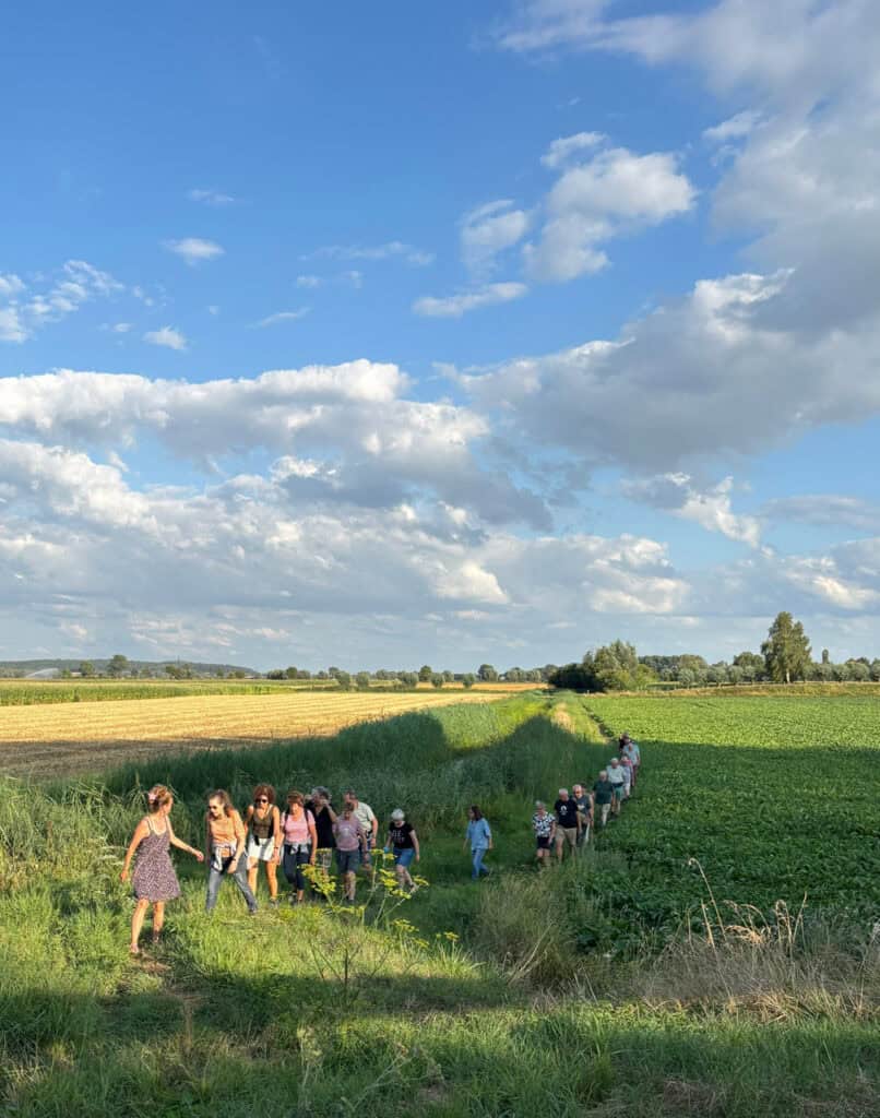 Groep wandelaars op 't Gelders Eiland onder een blauwe hemel met wolken.