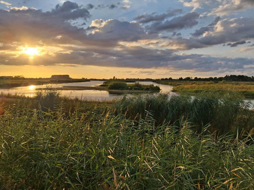 Zonsondergang over 't Gelders Eiland met rivier en groene natuur.