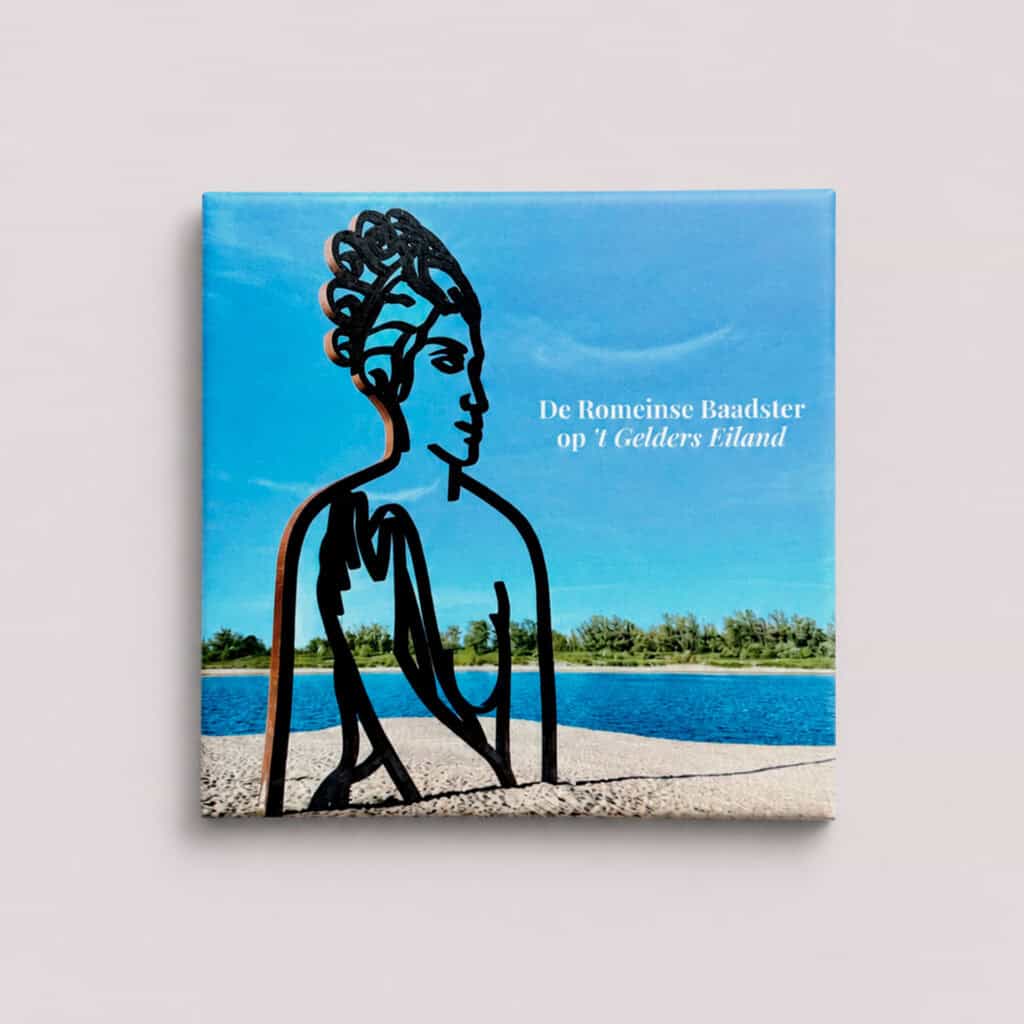 Boek over Romeinse badsters op 't Gelders Eiland met illustratie en landschap.