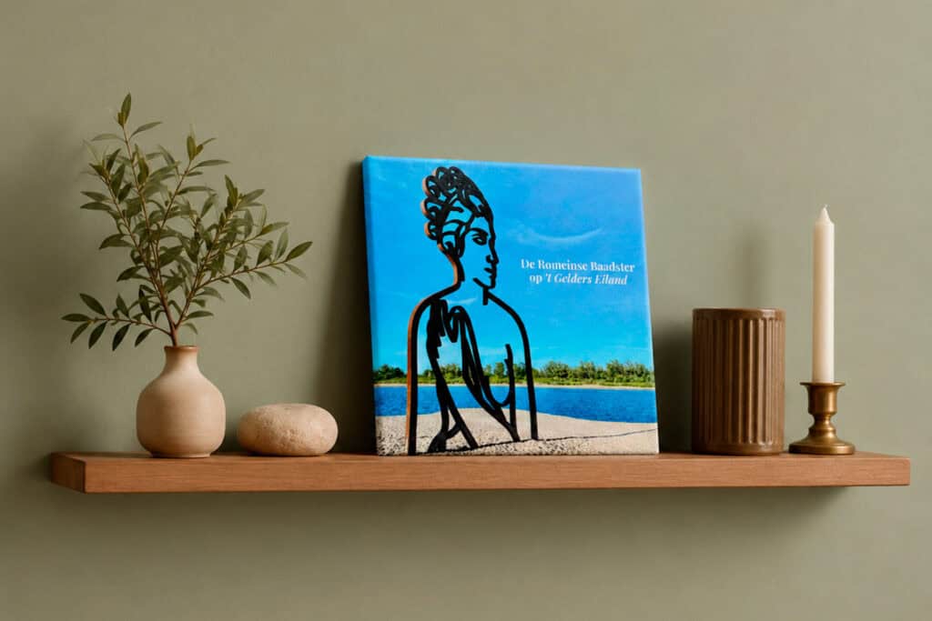 Decoratieve boekenkast met kunstwerk, planten en kaarsen op 't Gelders Eiland.